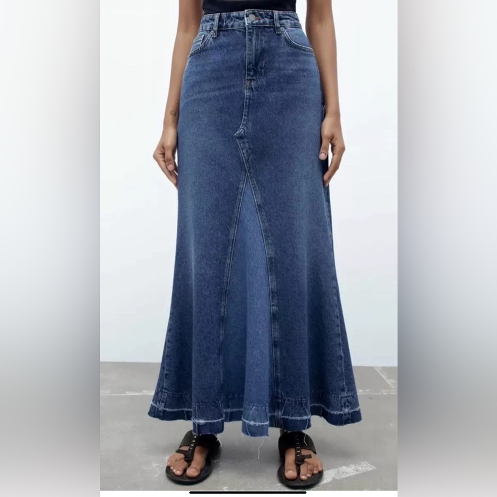 ZARA The Reconstructed Denim Maxi Skirt Blue Sz XS Worn Once for a wedding